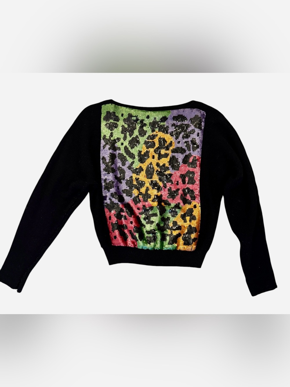 Vintage Black Sweater with Multicolor Sequined Leopard Panel